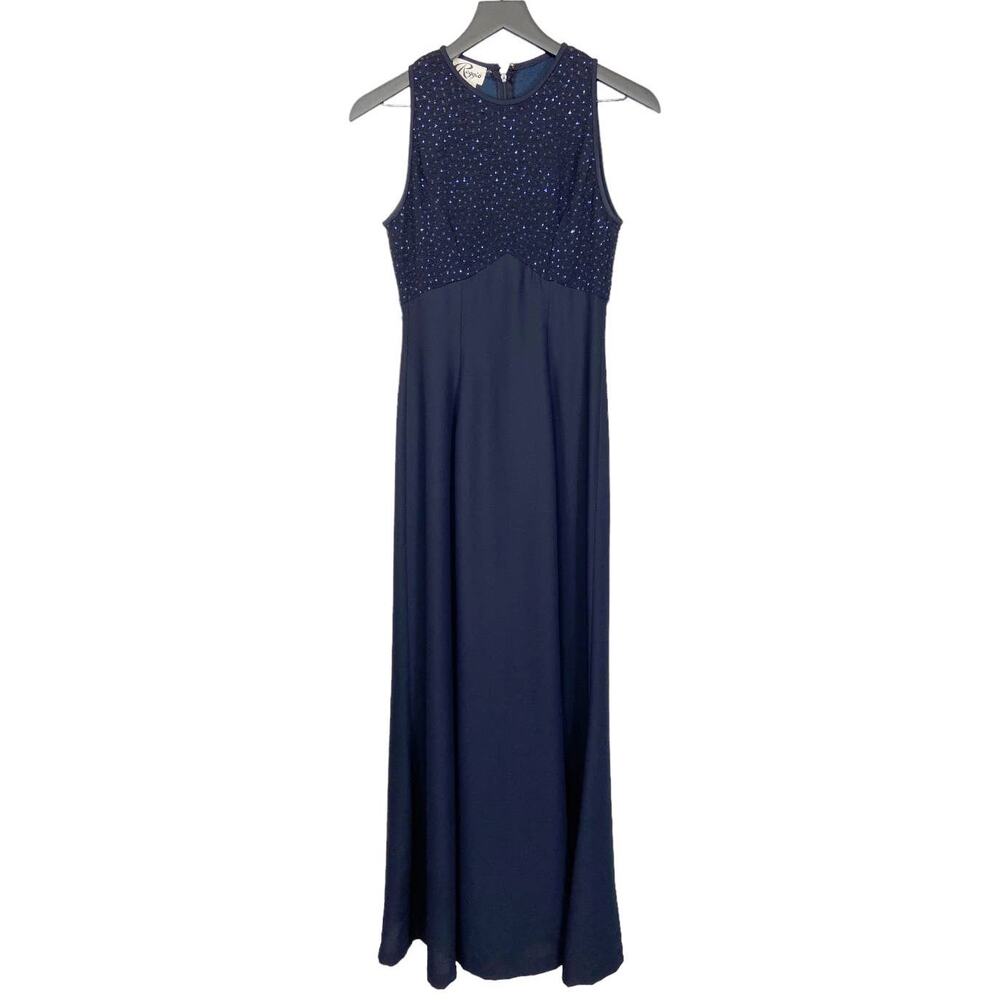 Vintage 80s 90s Maxi Dress Formal Gown Navy Blue Sparkly Sleeveless Women's 6
